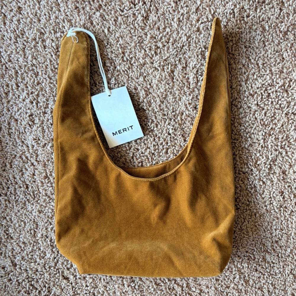 Merit Beauty Signature Makeup Bag Corduroy Tie Top Pouch Brown NWT